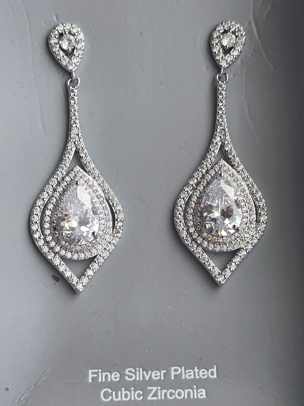 Fine Silver-Plated Clear Teardrop Dangle Earrings